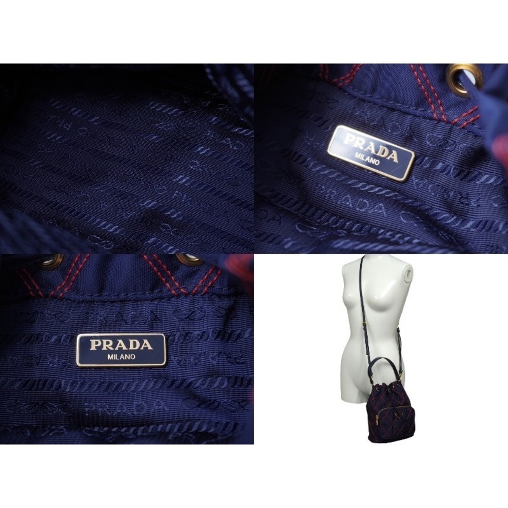 PRADA handbag triangle logo Navy Blue red color stitching drawstring closure - Picture 10 of 10